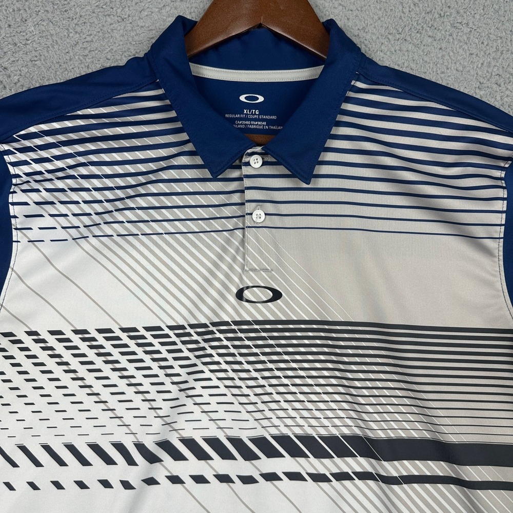 Oakley Golf Polo Mens XL Blue White Regular Fit Performance Stripe Short Sleeve